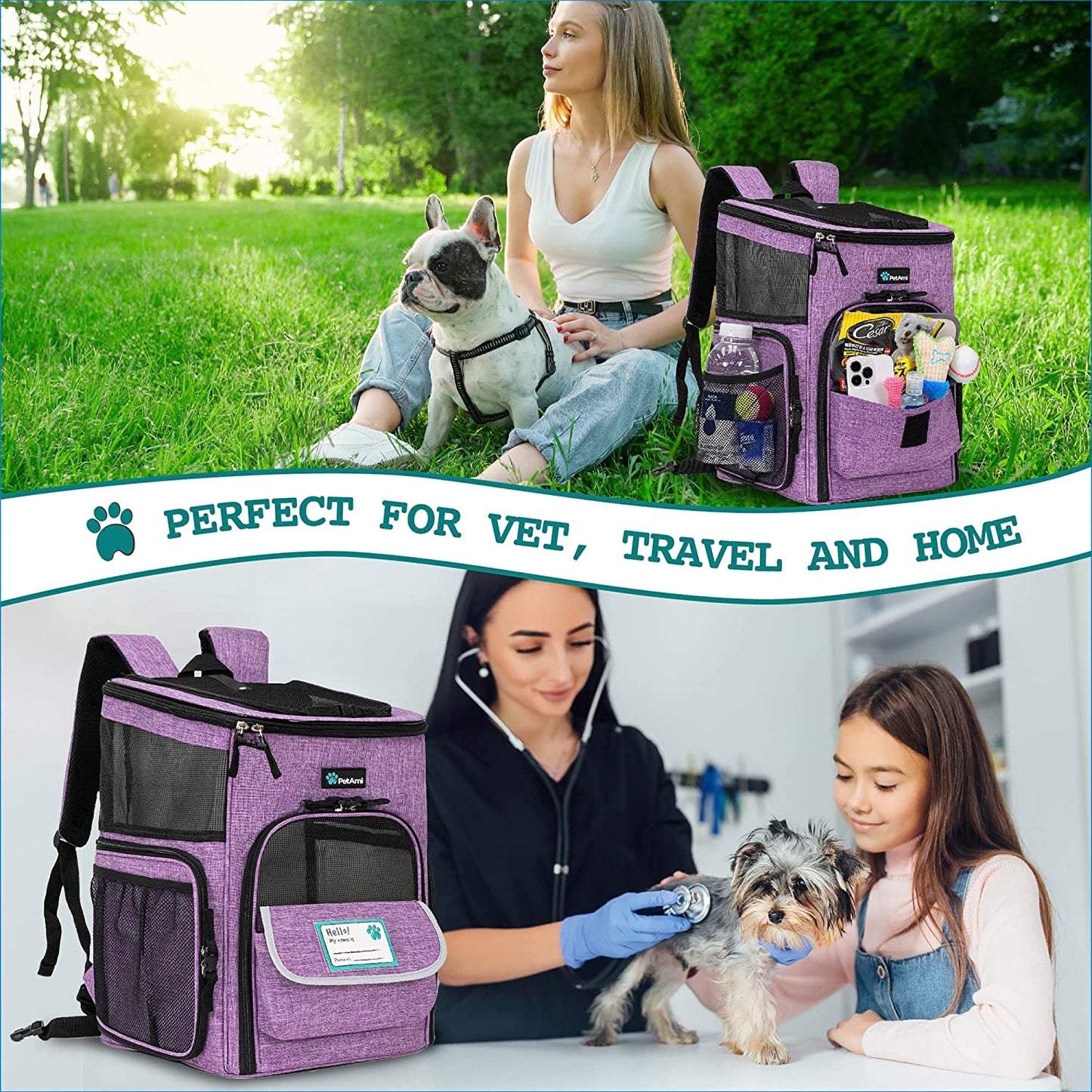 Dog Backpack Carrier, Airline Approved Cat Backpacks for Carrying Small Large Cats, Pet Carrier Back Pack, Ventilated Soft Sided Dog Cat Bookbag for Travel, Hiking, Camping, Purple